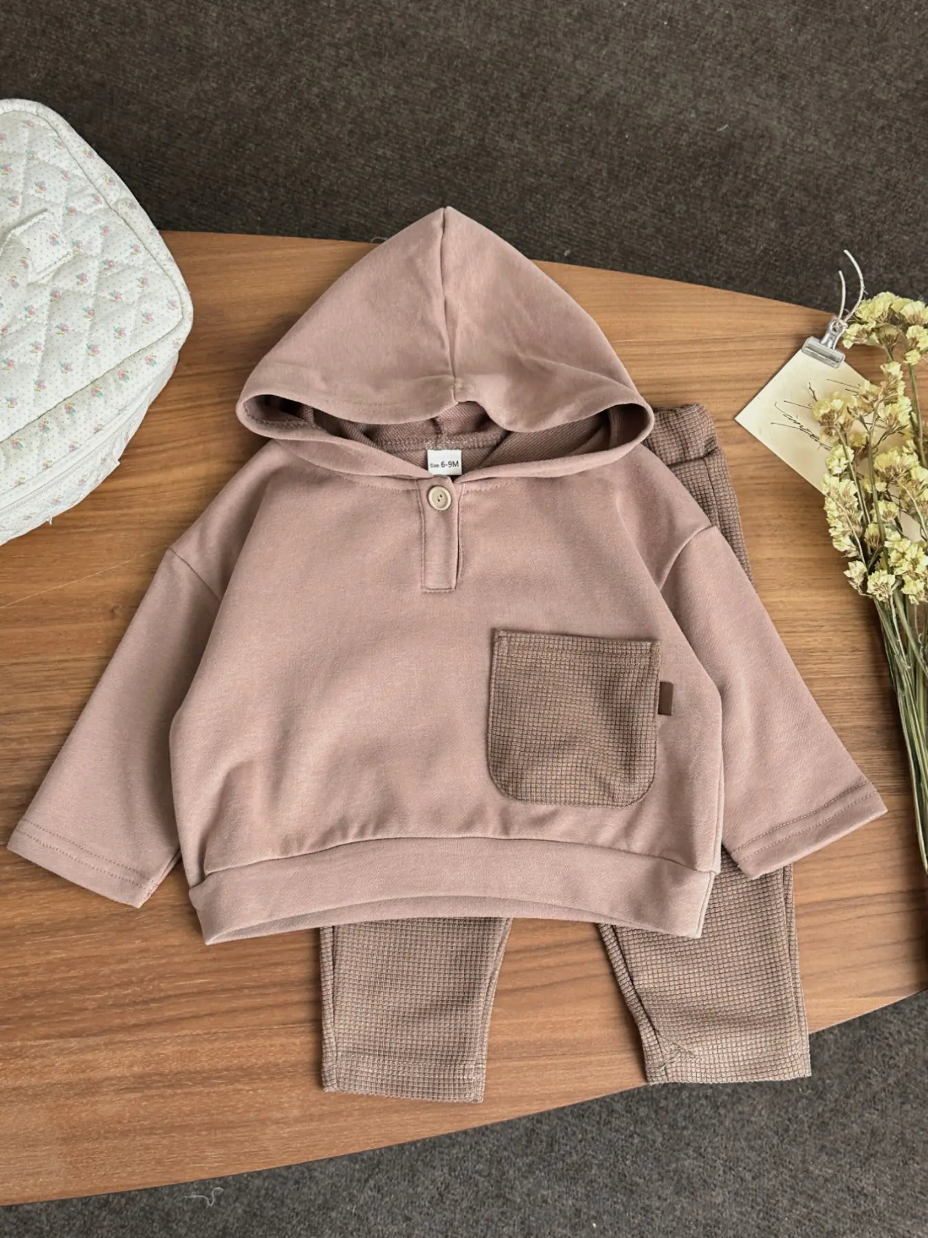New Earth Tone Baby Spring Fall Clothing, Colorblock Waffle Pattern Unisex Baby Split Set, Comfortable and Stylish Infant