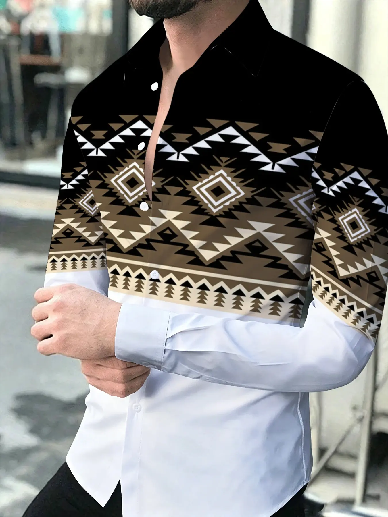 Men's Long Sleeve Shirt Ethnic Style Geometric Pattern Patchwork Lapel Casual TopV, Suitable for leisure and sports scenarios