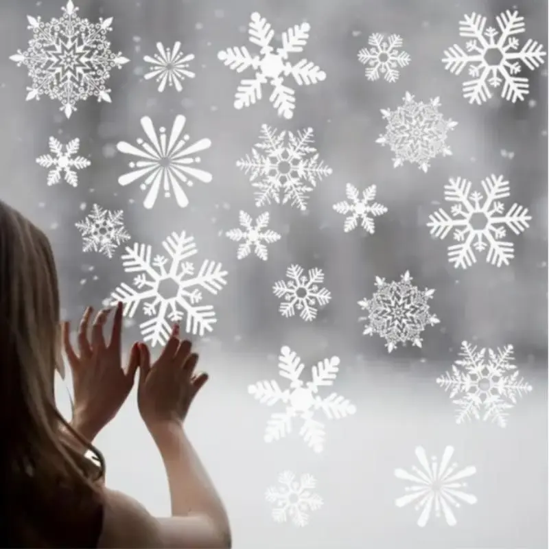 114 Piece Snowflake Window Stickers, Static Snowflakes for Christmas and Winter Door Decor, Snowflake Ribbon with String