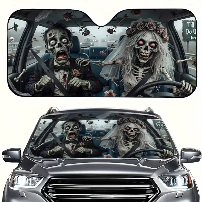 Humorous Skull Design Sun Shade Windshield, Front Window Sun Reflector Visor Protector Keeps Interior Cooler Universal Fit