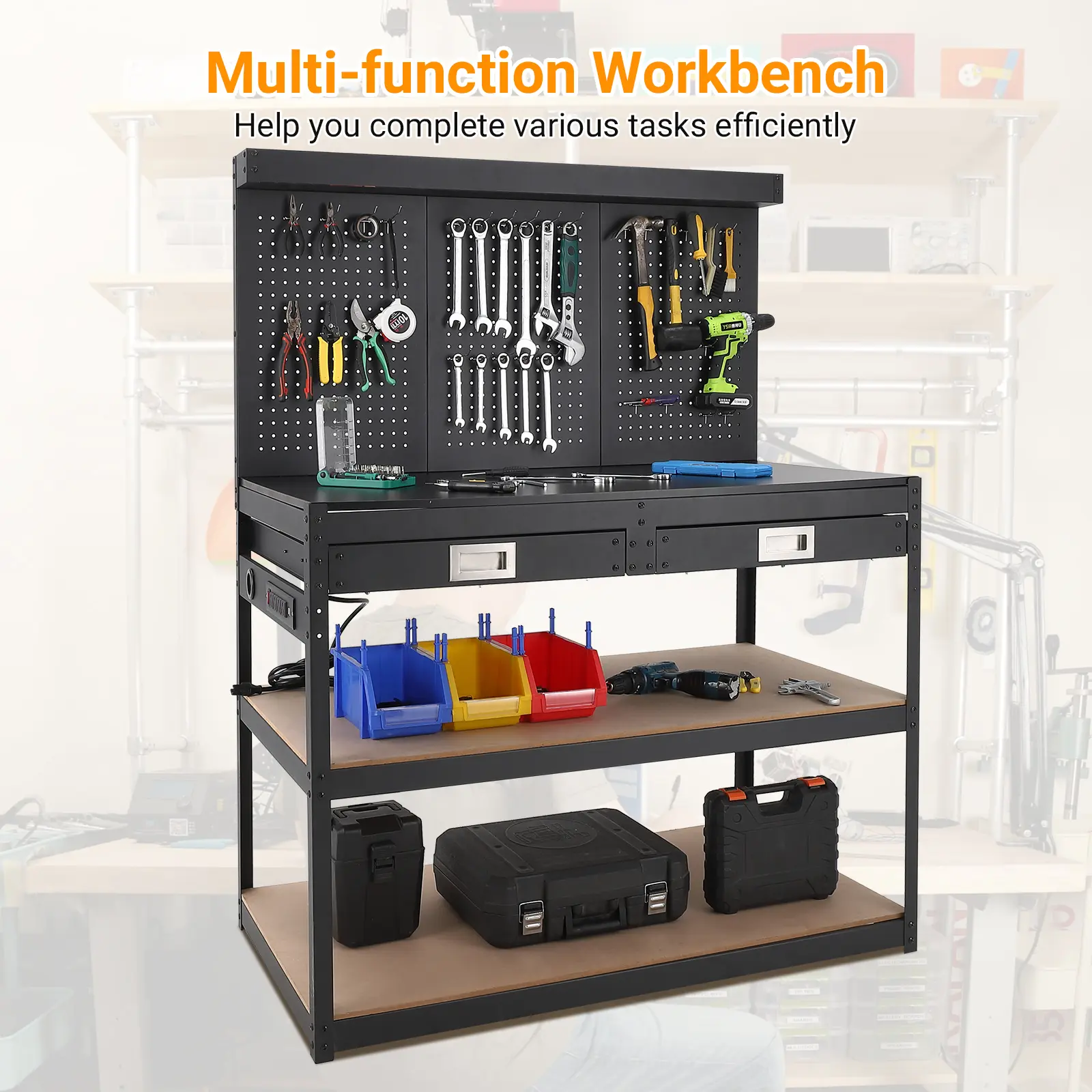 Work Bench, 48 Inch Work Table with 2 Drawers, Metal Tool Bench with Power Outlets and Pegboard, Heavy Duty 3-Tier Workbench for Garage, Workshop, Auto Shop, Basement, Black