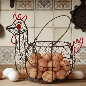 . Rustic Wire Egg Basket with Handle, Rooster Chicken Shaped Metal Egg Collecting Basket Holds 15-30 Eggs -  Countertop Decor, Chicken Coop, Easter and
