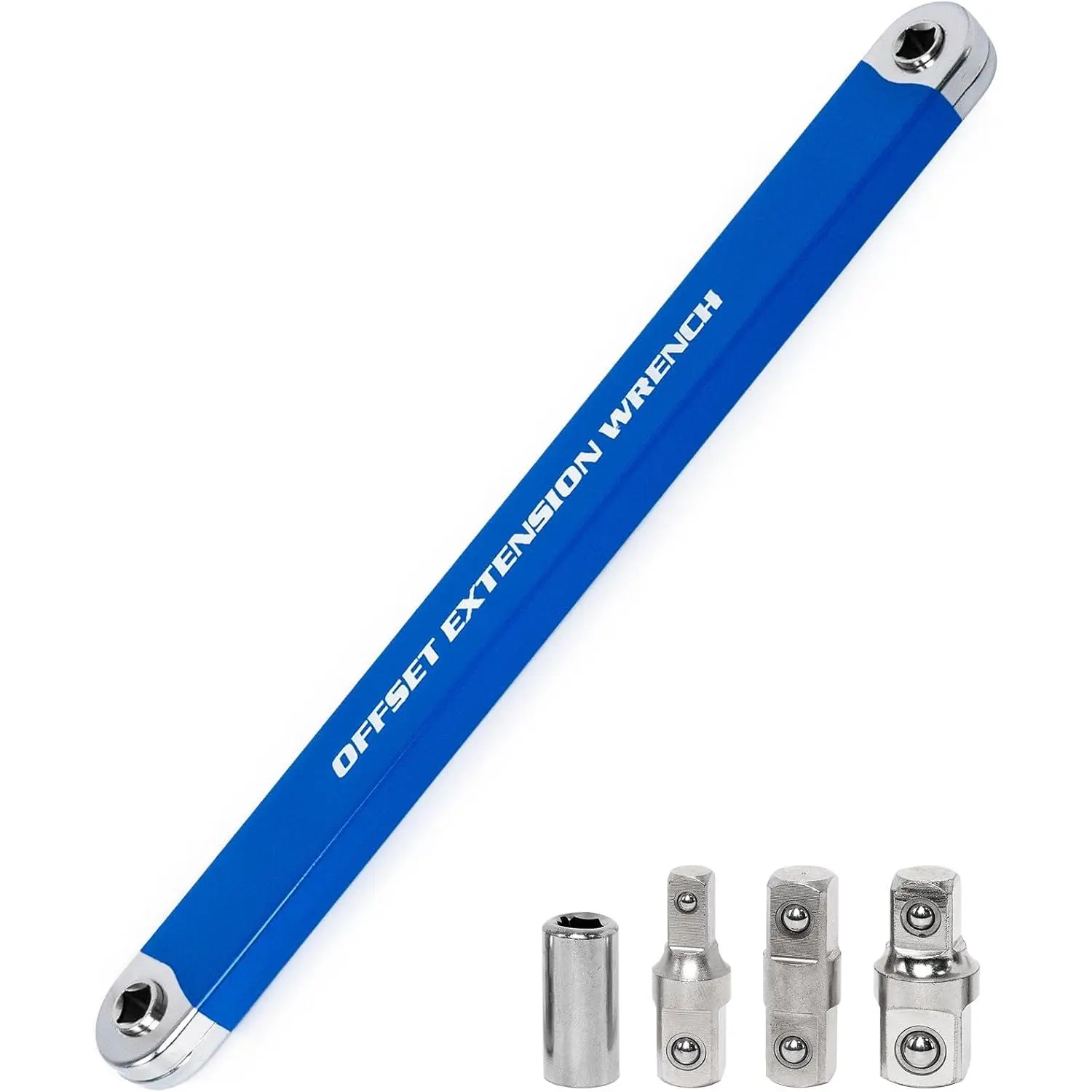 High Carbon Steel Ratchet Offset Extender Set - 1/4", 3/8", 1/2" Square Drives, Adapters + Socket, 0 Swing Arc, 15.4 in Offset Extension Tool for Tight Spaces Fasteners