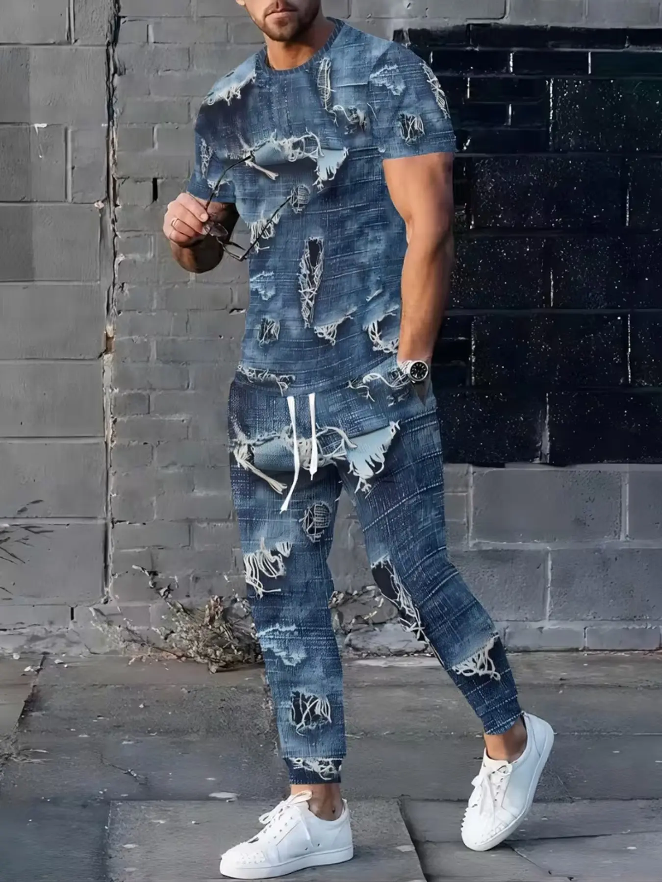 Men's Vintage Washed Denim Short Sleeve Top and Long Pants Set, Casual Slim Fit All-Over Print Two-Piece for All Seasons