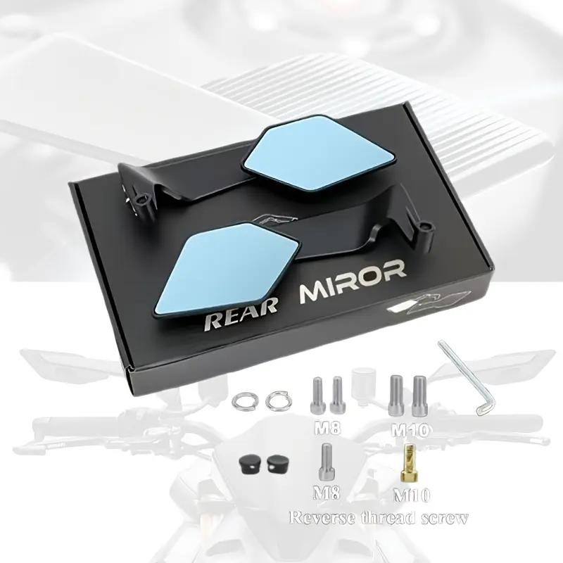 Cnc Motorcycle Rearview Mirror, Threaded Rhombus Anti-Glare Wing Mirror, Compatible with Kawasaki Z Series, Bmw, Honda, Blue Light, Carbon Fiber