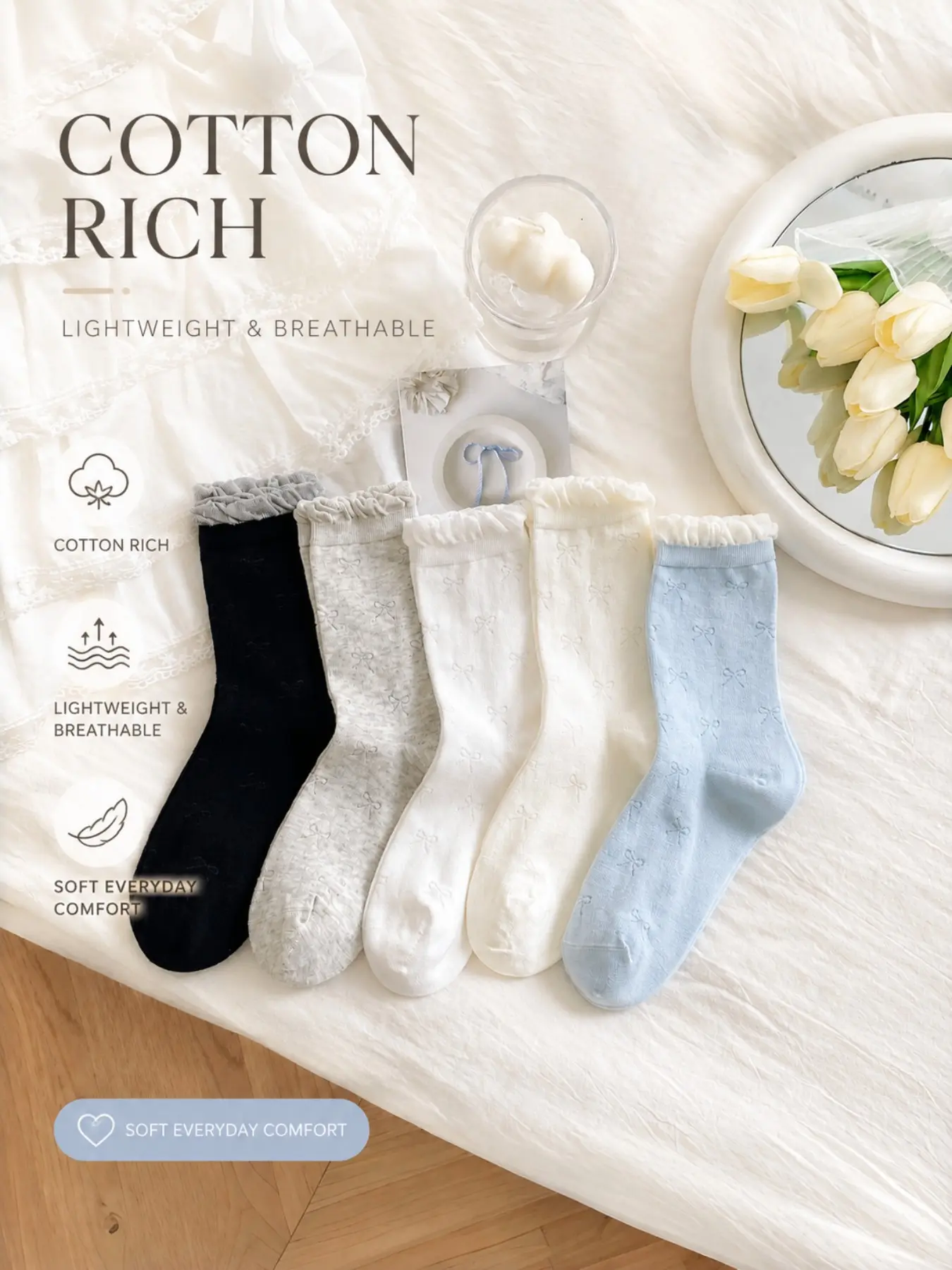 5 Pairs Women's Mid-length  Socks, Lightweight Butterfly Pattern,Lace Design， Breathable Cotton, Elegant Design, Ideal for Summer & Autumn