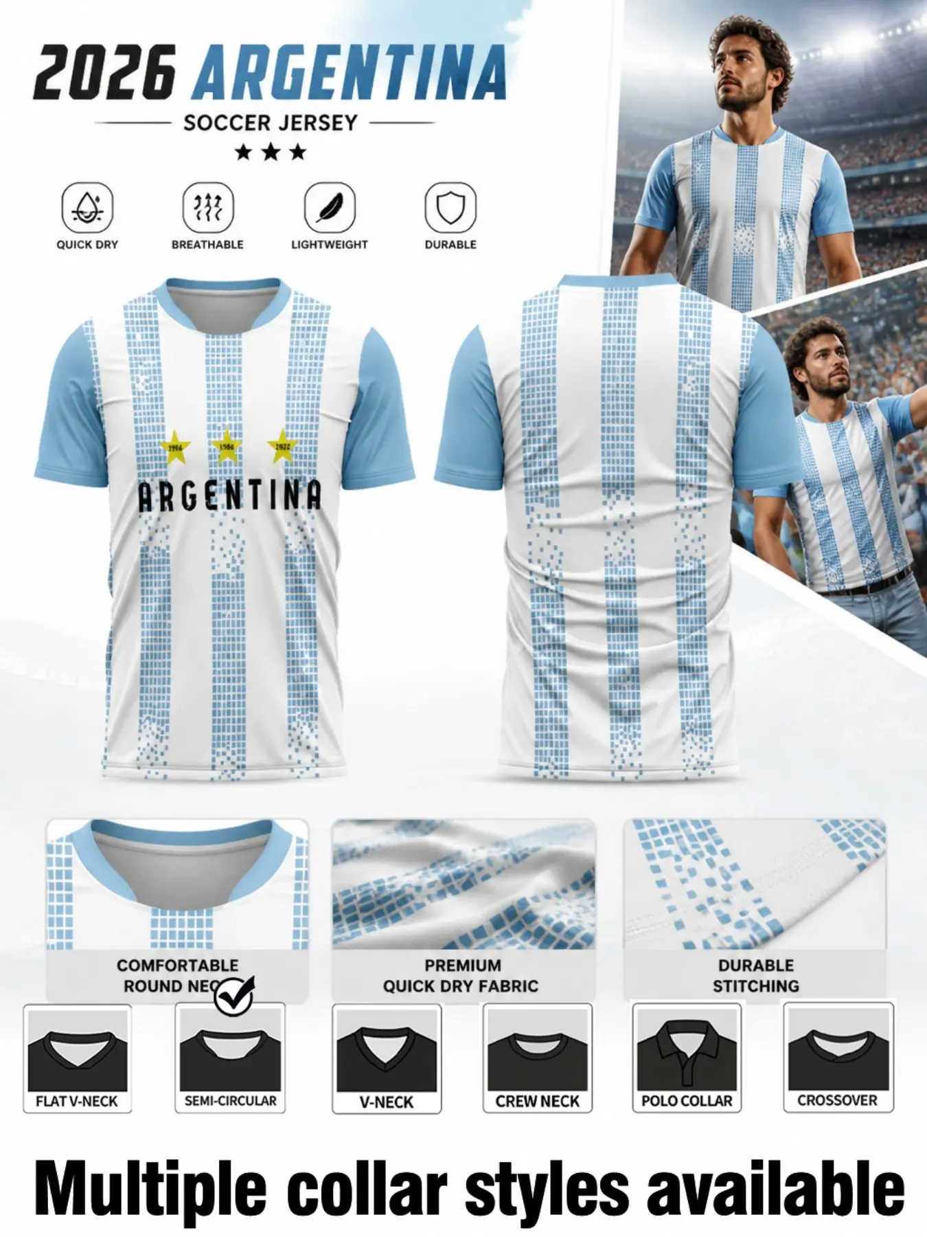 Men's Argentine Short Sleeve Sport Jersey, Fitted Football T-Shirt, Soft Light Blue Collar, Pixel Stripes, All Seasons Wear