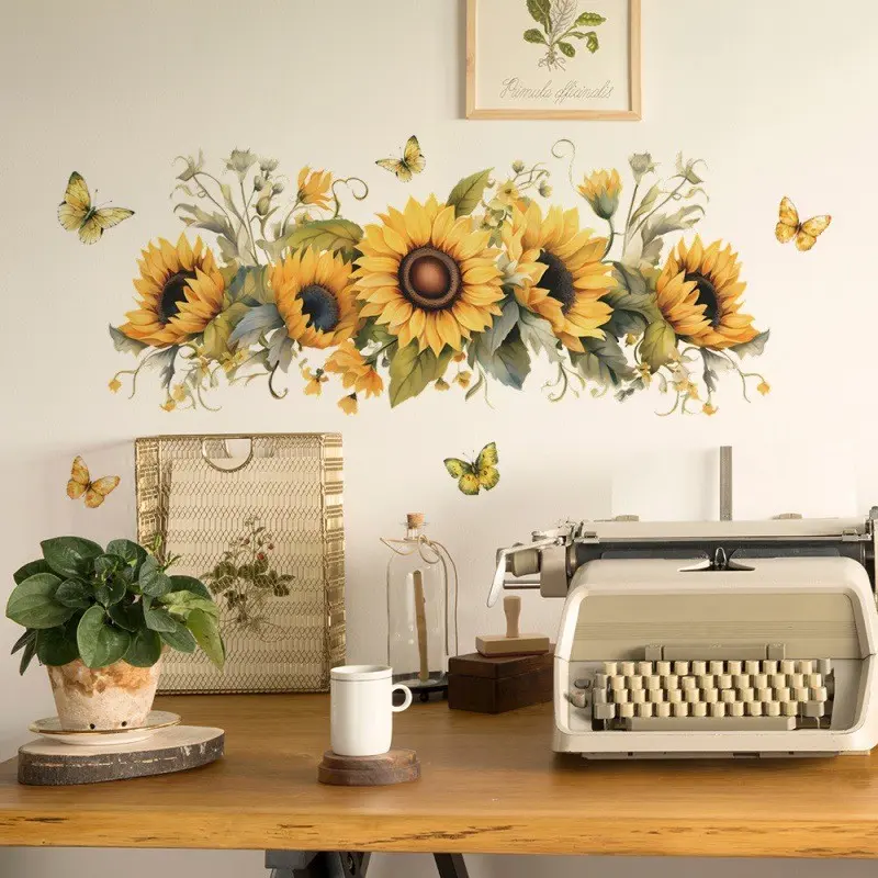 Self-Adhesive Wall Stickers, Sunflower Butterfly Design, Bedroom Living Room Home Decor, Flat Artistic Wallpaper, Easy to Apply