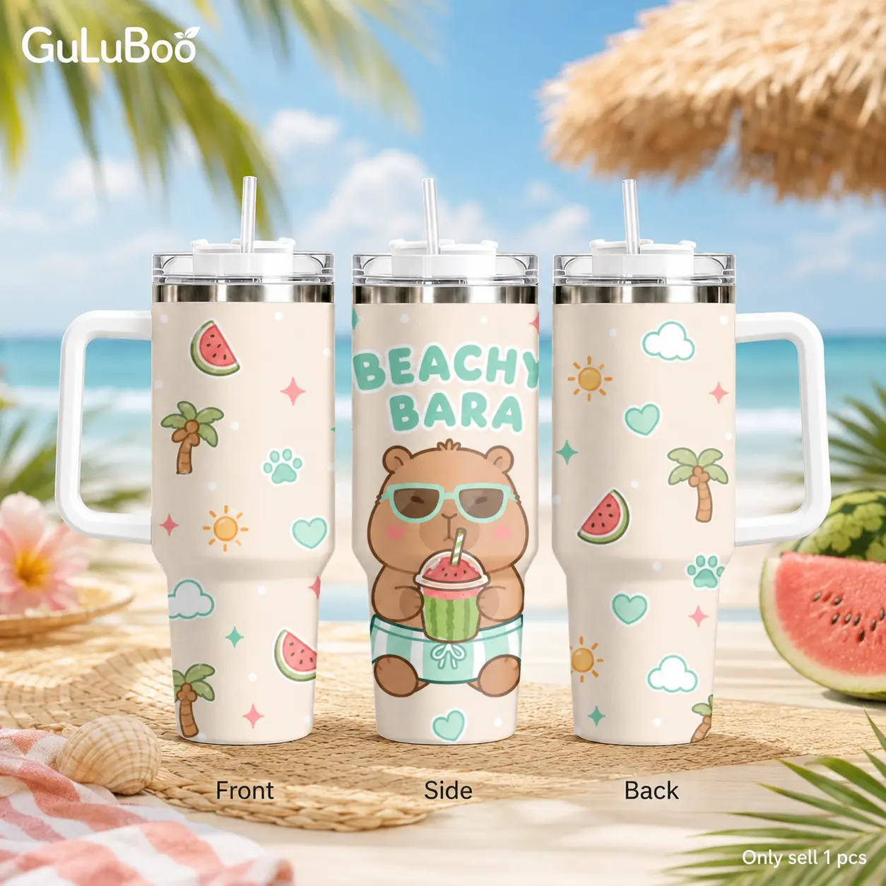 Summer Capybara Bar Vacuum Flasks GuLuBoo Vacuum Flasks 40oz Stainless Steel Vacuum Insulated Tumbler with Straw Leak Resistant Travel Mug Thermos Cup for Coffee, Gym & Office, Ideal Holiday Gift