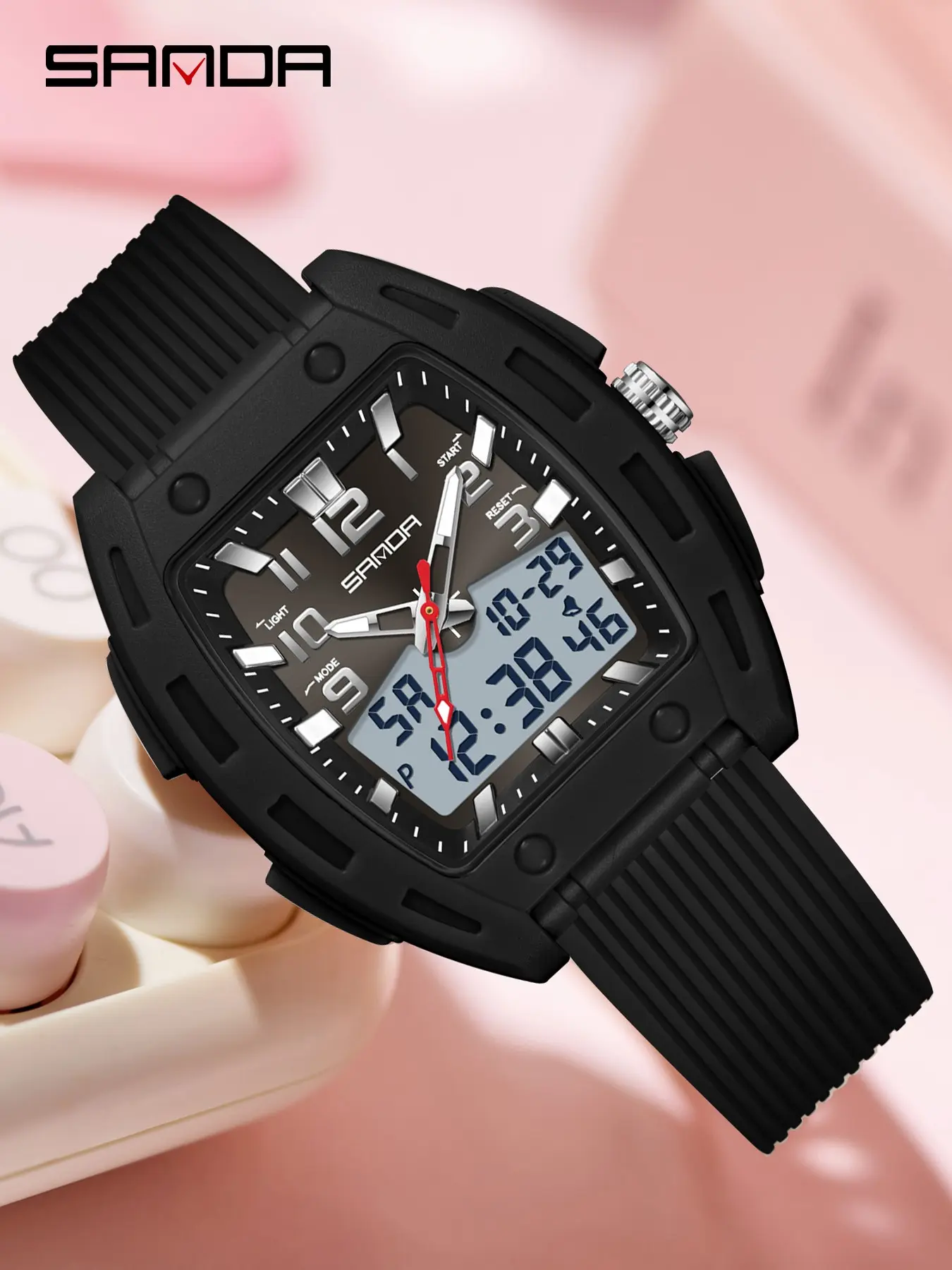 Men's Quartz Watch, Sporty Analog-Digital, 50mm Barrel Shape, Waterproof, Night Light, Dual Calendar, High-End Student Watch