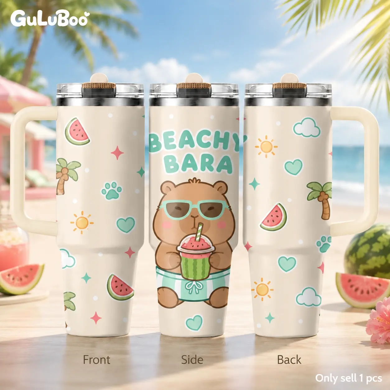 Summer Capybara Bar Vacuum Flasks 40oz 3rd Gen Vacuum Insulated Stainless Steel Tumbler with Handle & Straw Lid, Leak-Resistant Travel Mug for Cute Animal Lovers, Tropical Water Cup for Coffee, Office, Gym, Car Cup Holder, Fun Summer Gifts
