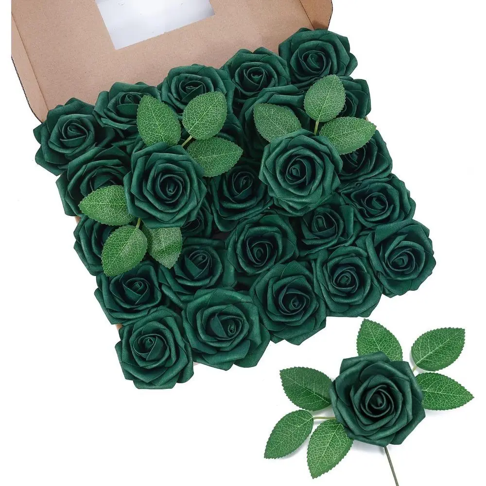 25pcs Peacock Green Artificial Roses with 8 Leaves, Real-Touch Foam Rose, Perfect for Wedding Bouquets, Centerpieces, Floral Arrangements, Party Holiday Wedding Decorations Home Flower Decor