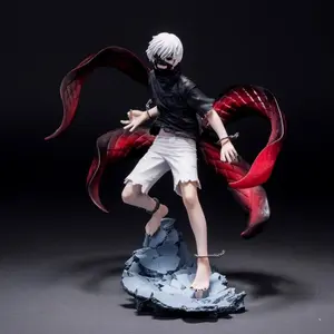 Tokyo Ghoul Ken Kaneki Figure 22cm, 2 Replaceable Heads, Red Kagune, Cracked Rock Base, Large Anime Desktop Ornament Gift