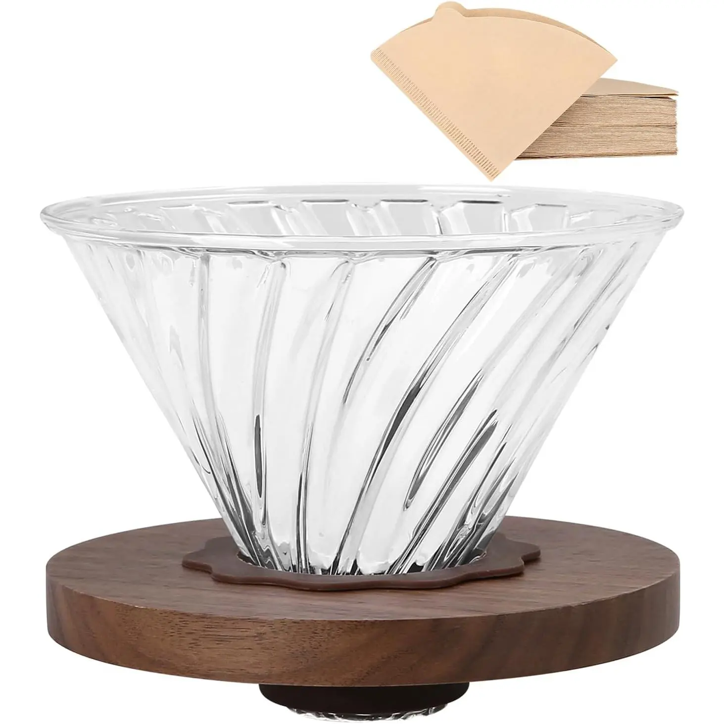 Pour Over Coffee Dripper with 100 pcs Size 02 Paper Filter, Walnut Handle and Borosilicate Glass, Glass Coffee Dripper, Hold for 1-4 Cups