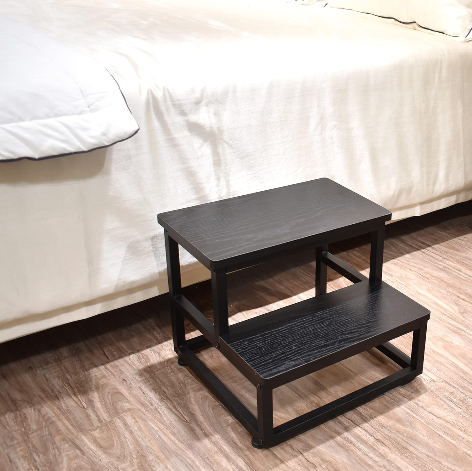 Step Stool, Bedside Steps for High Beds with Round Corners, 2 Steps Footstool for Adults, Metal and  Stepping Stool for Kitchen Bedroom, Load 500 LB, Black