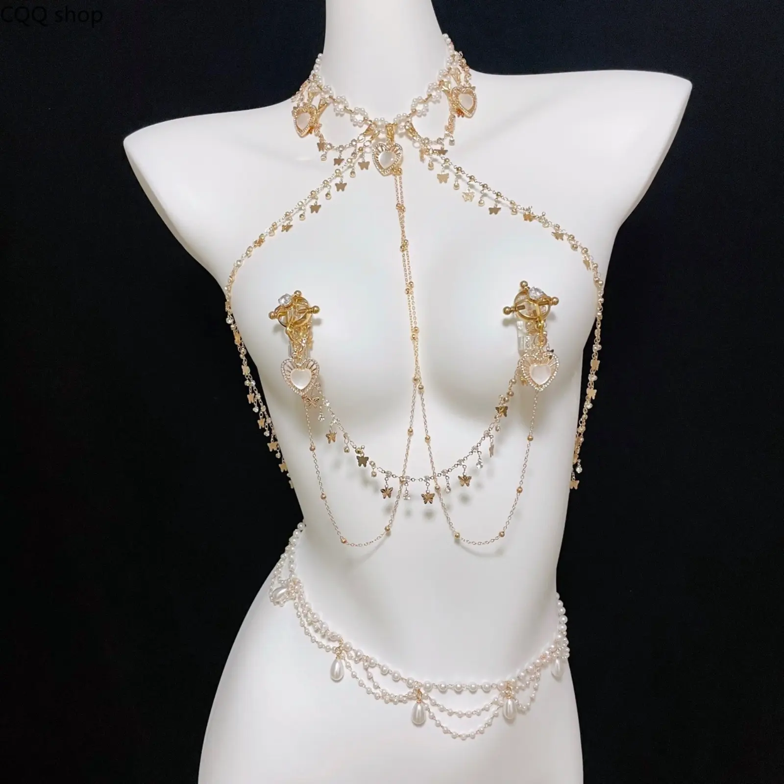 Pearl Rhinestone Butterfly Pendant Integrated Choker Bling Chain, Adjustable Aesthetic Chest Decor, Independent Pack Party Wear for Rave Festival Nightclub Outfits