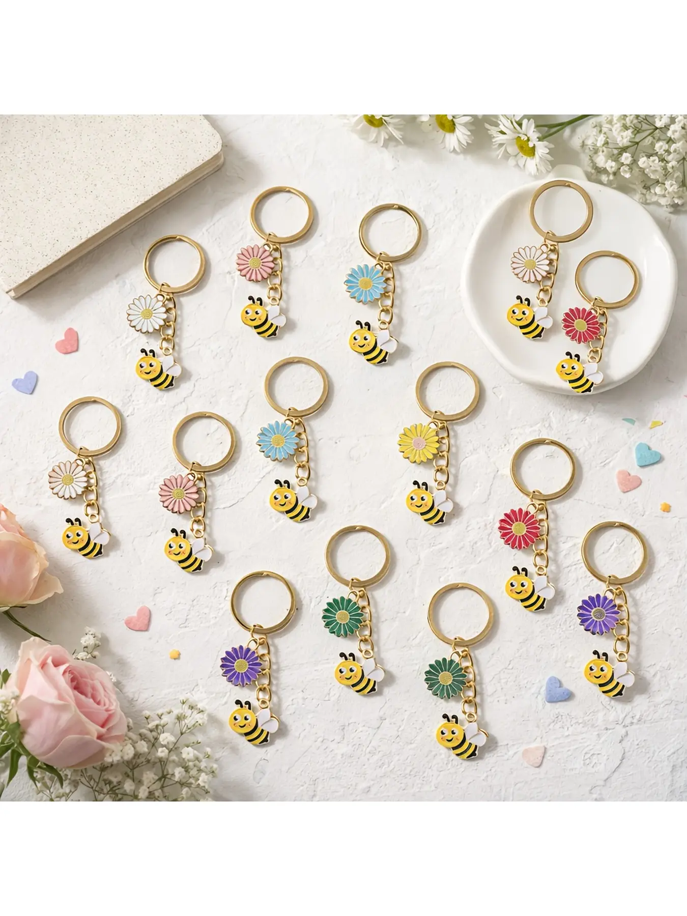 Gift For Her/Him 14pcs Spring Floral Bee Keychains | Stainless Steel Party Favors Keyring Packs, Birthday Event Gifts, Bag & Backpack Charms -