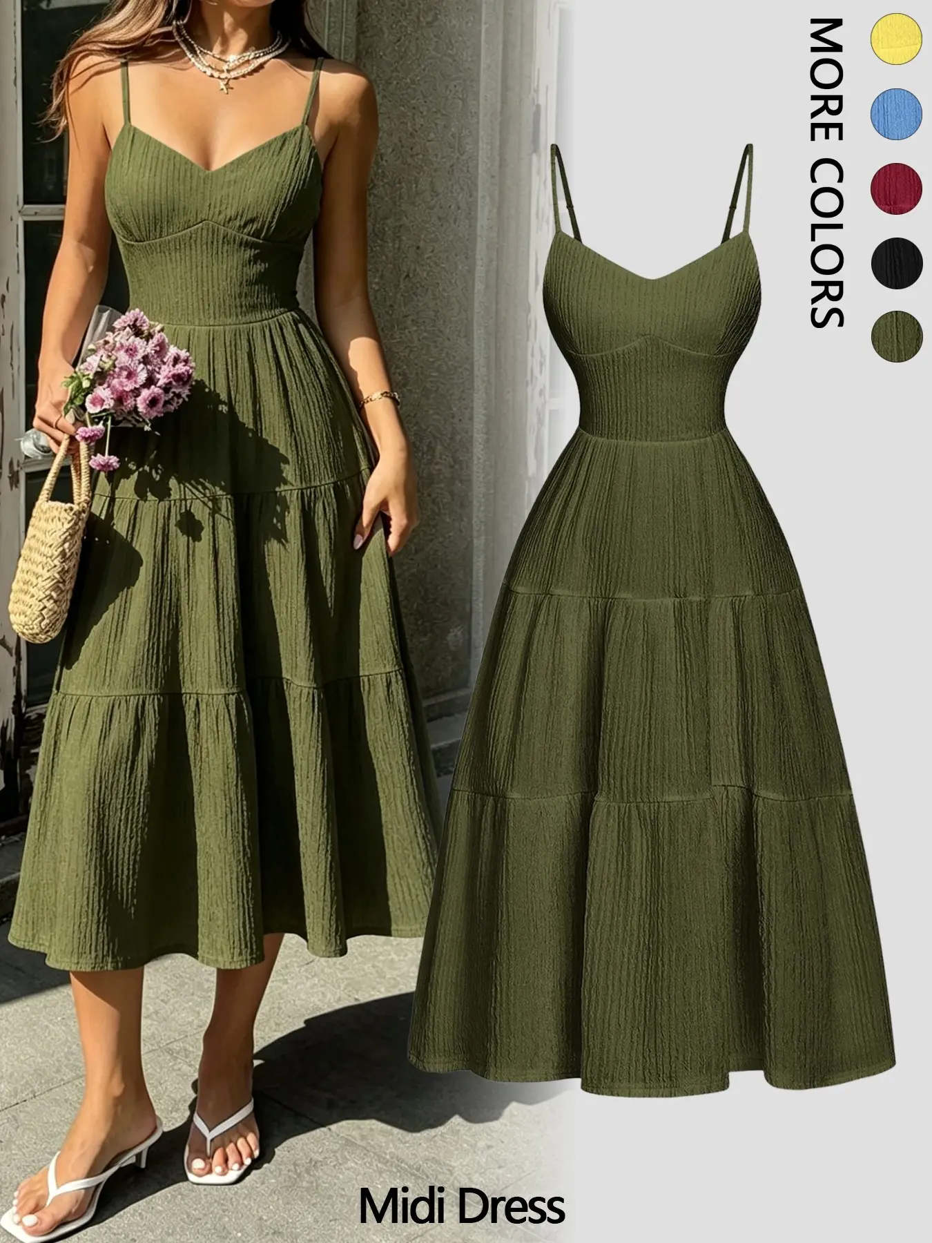 Elegant Plain Fitted Feminine Dress with Spaghetti Straps, Casual Women's Ruffle Hem Dress, Lightweight and Comfortable Summer Midi Dress