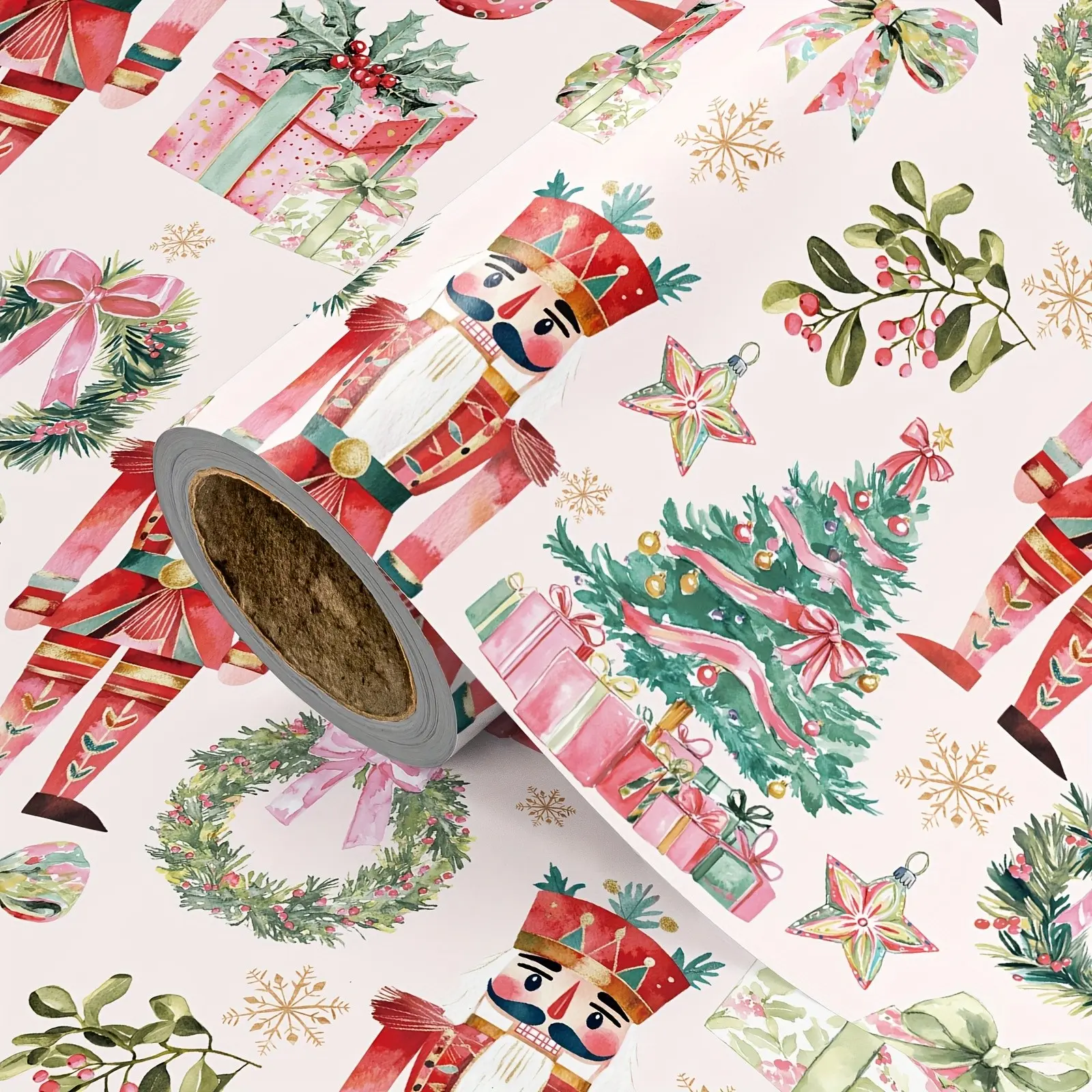 1 Roll Pink Nutcracker Gift Wrapping Paper, Watercolor Nutcracker & Christmas Tree Print Gift Wrap Roll, Gift Wrapping Supplies for Christmas Holiday, Party, DIY Craft Decor, 43.2cm x 500cm