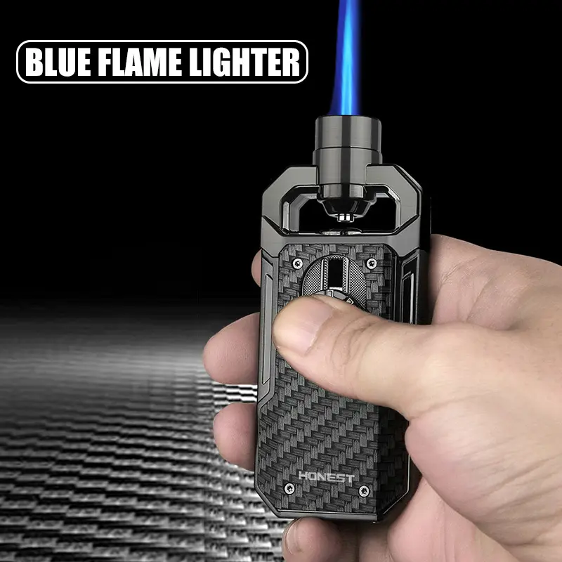 Unisex Modern Compact Metal Windproof Blue Flame Torch Lighter - Refillable, Butane-Free, Decor & Room Decor Accessory for Men's Gifts, Cigar Use, Blue Flame Lighter