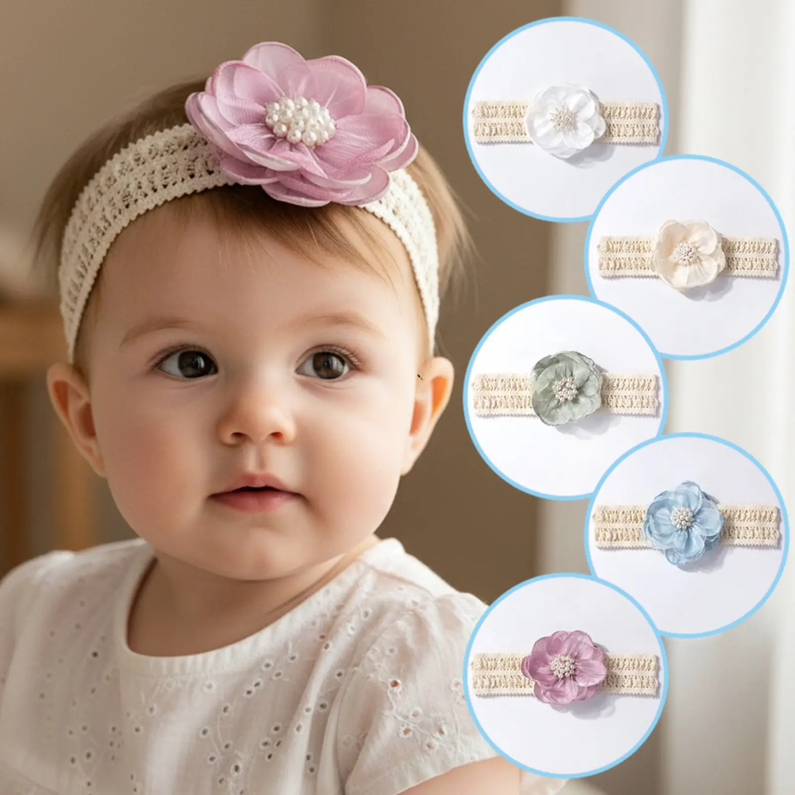 5 Pack Pastel Floral Headbands for Baby Girls, Multi-Layer Organza Fabric Flowers with Pearl Center, Crochet Stretch Band for All Seasons, Hair Wrap, Elastic Hair Wrap, Muted, Pearl Accents, Organza Flowers, Multi-Layered