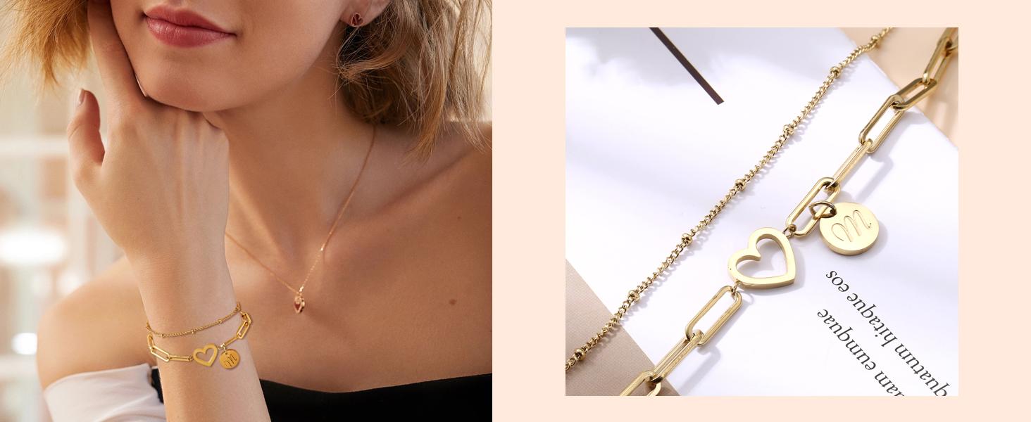 Sanfenly Personalized Initial Stackable Bracelet Set - 14K Gold Plated Stainless Steel A-Z Letter Heart Coin Charm Adjustable Bracelets for Women Sanfenly Personalized Initial Stackable Bracelet Set - 14K Gold Plated Stainless Steel A-Z Letter Heart Coin Charm Adjustable Bracelets for Women