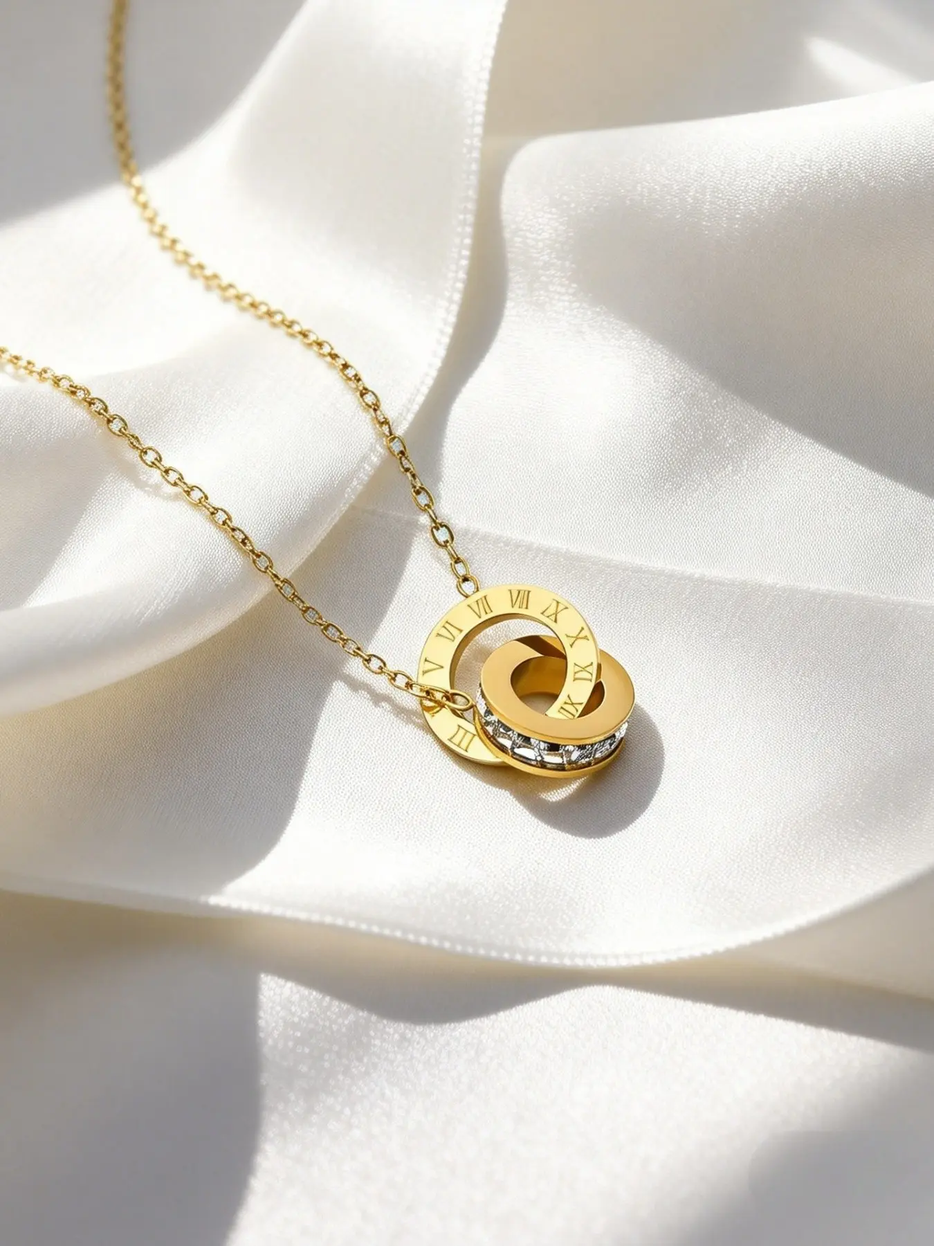 Double Ring Interlocking Necklace, Roman Numerals Dial, Zircon Pendant, Elegant All-Season Jewelry, Symbolic Love Gift