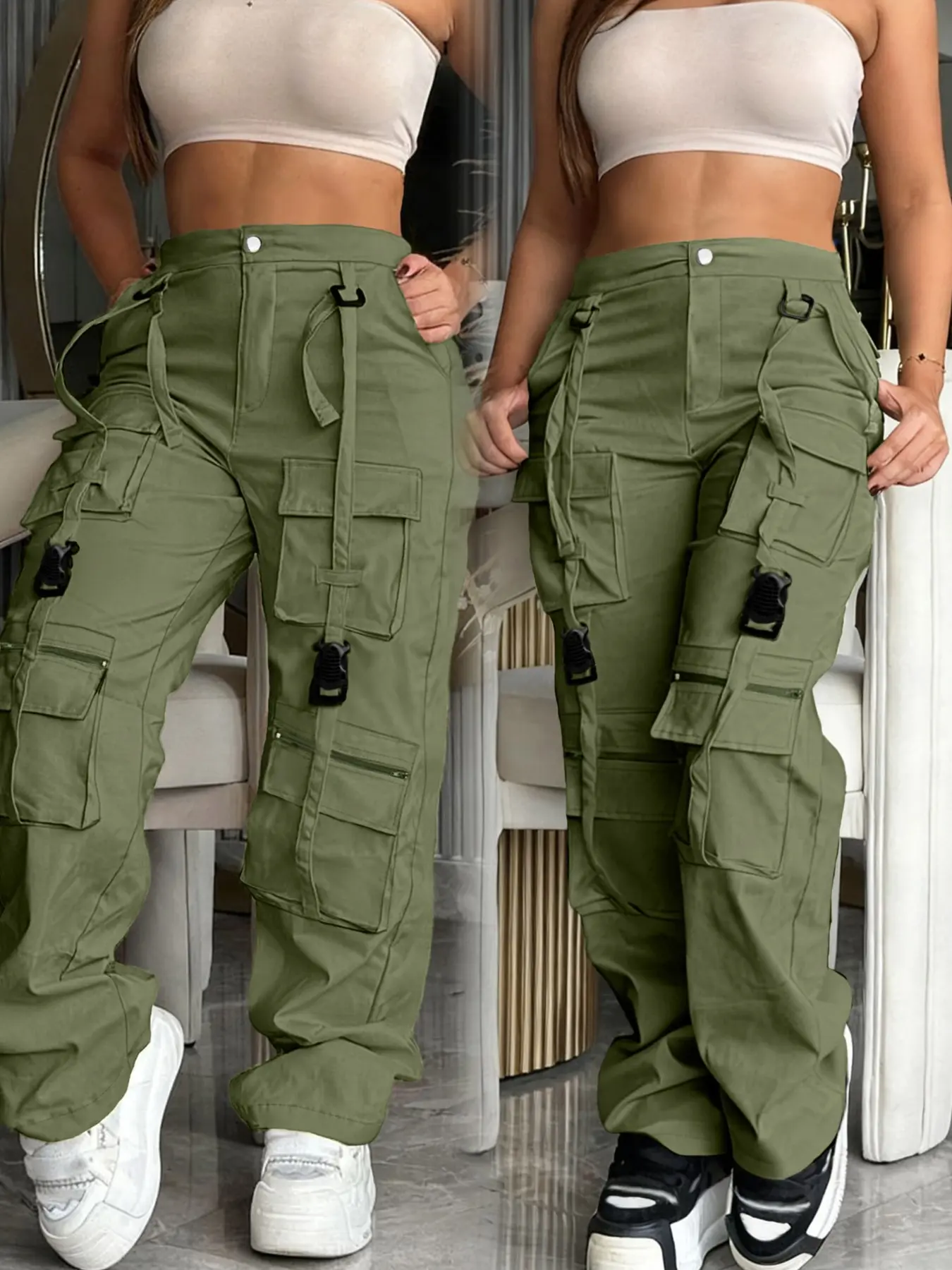 Women's Loose Fit Cargo Pants, Solid Color, Multiple Pockets, Zipper Fly, Everyday Casual Street Style, Casual Style Bottoms, Spring & Fall, Long Pants for Outdoor Activities