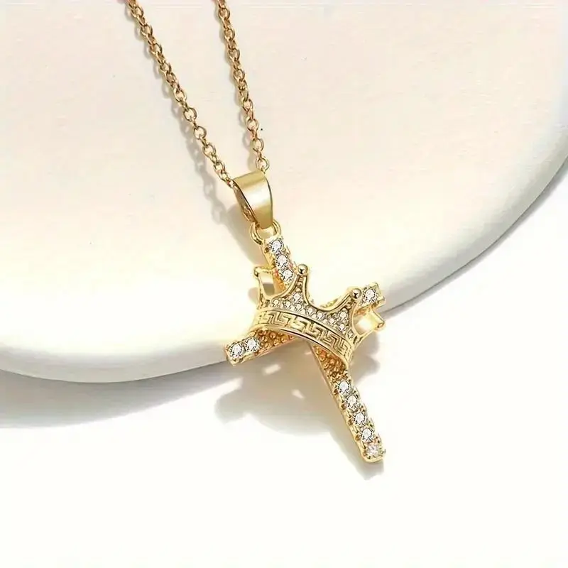 Fashion Costume Jewelry Cross Charm Crown Necklace, Daily Wear & Party Accessory, Thanksgiving Gift, Cross Charm Necklace