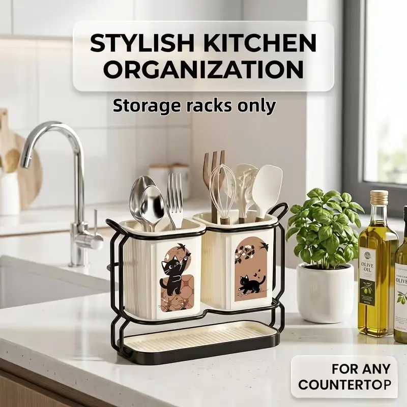 2-Color Carbon Steel Kitchen Utensil and Knife Organizer Rack, Includes 2 Utensil Bins, Combination Countertop and Wall-Mount Storage Shelf, Home Kitchenware