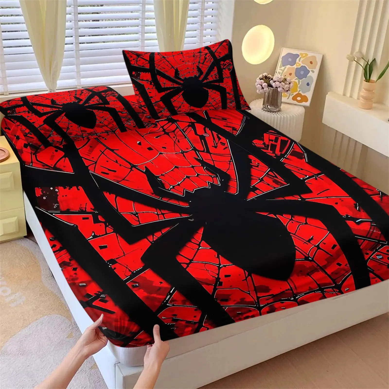 Cool Boys Spider Fitted Sheet Set, Premium Microfiber Bed Sheets Set, 1 Fitted Sheet & 2 Pillowcase No Filling, Deep Stretch Pocket, Machine Washable, Perfect Gift for Teen Kids Bedroom All Year Round, Theme Bedding Set