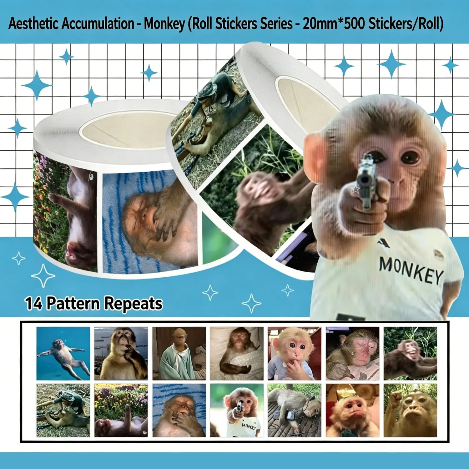 500-Piece Quirky Monkey Roll Sticker Set – Sealing Stickers for Cups, Laptops, and Suitcases; DIY Decorative Stickers for Notebooks and Birthday Gifts; Scrapbook Stickers