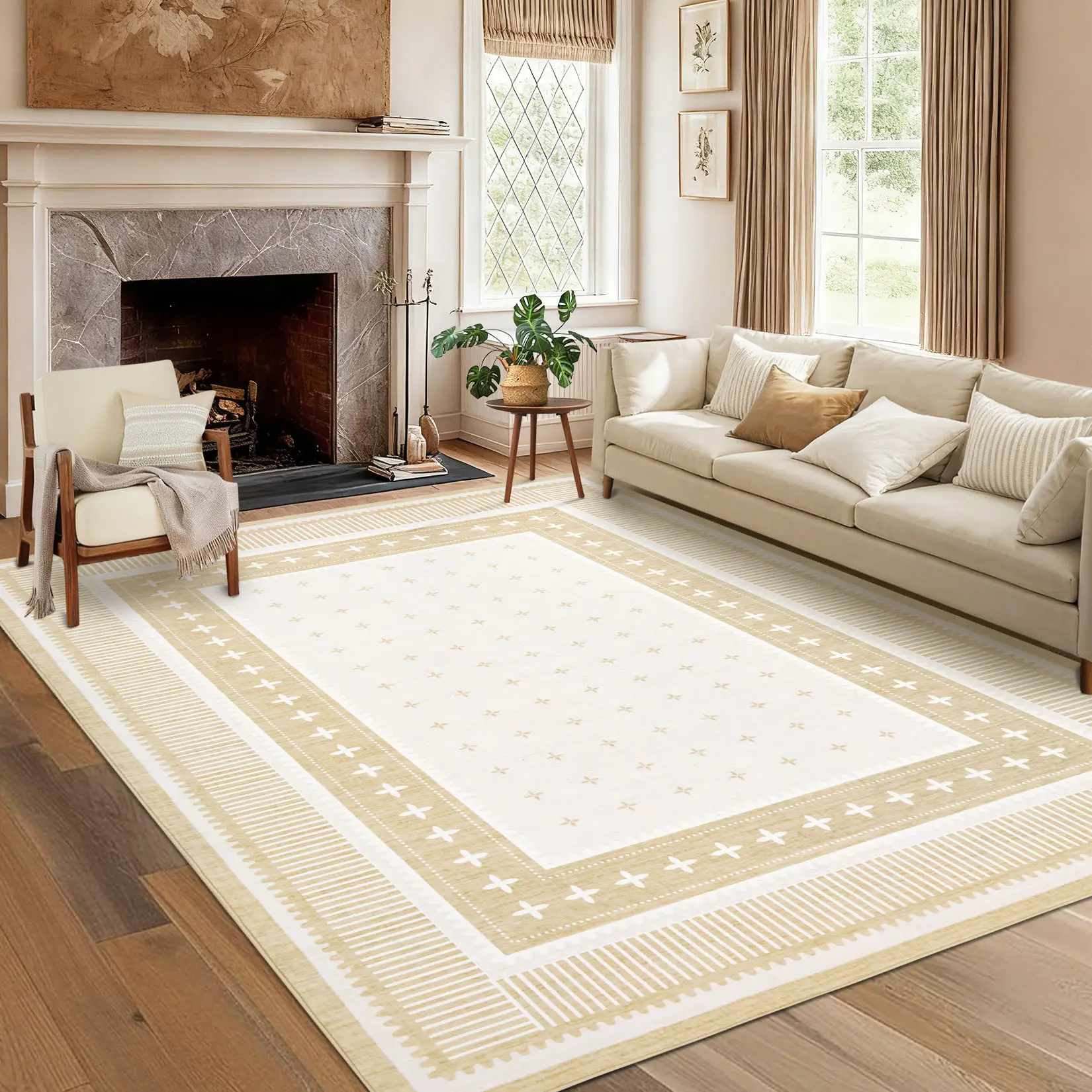 Modern Striped Border Area Rug Runner Washable Non Slip Low Pile Stain Resistant Foldable Carpet for Living Room Bedroom Dining Room Apartment