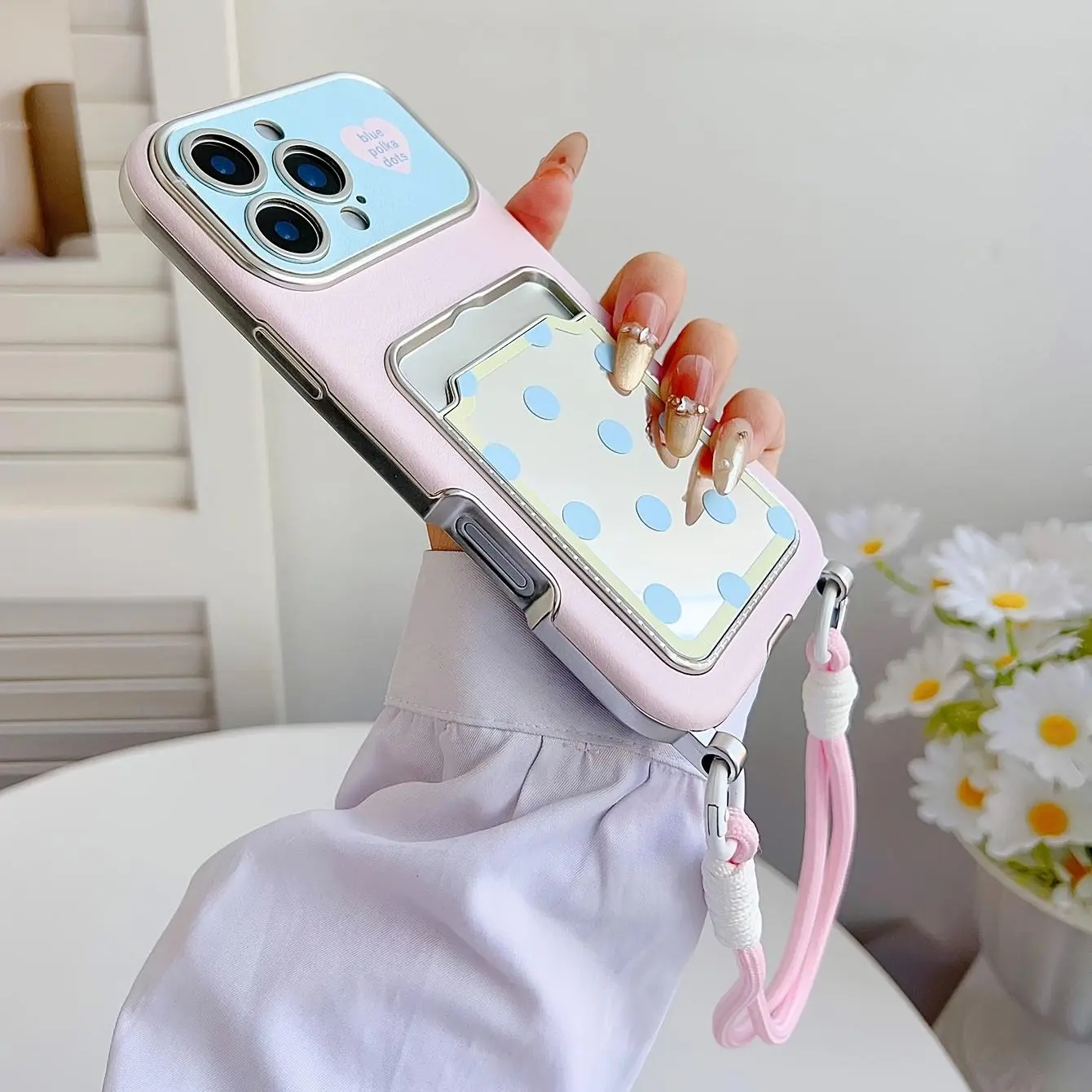 Powder Blue Polka Dot Phone Case with Lanyard, Card Holder, and Mirror, Full Coverage Girly Style, Compatible with Apple iPhone 17 Air/17/17 Pro/17 Pro Max/16/16 Pro/16 Pro Max/15/15 Pro/15 Pro Max/14/14 Pro/14 Pro Max/13/13 Pro/13 Pro Max