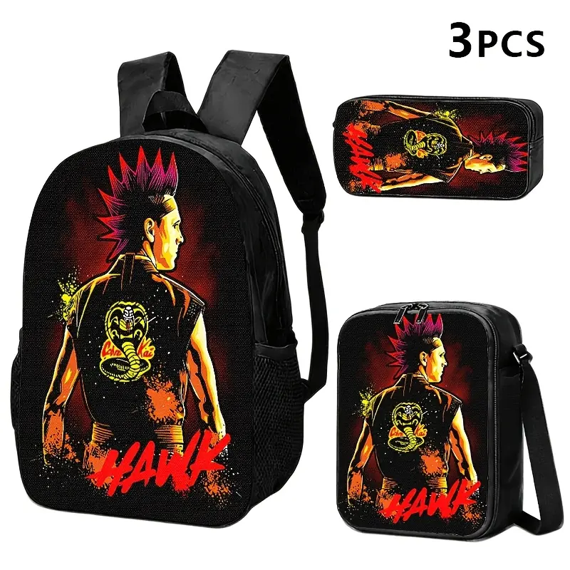 Kids' 3-Piece Waterproof Back to School Backpack Set - Durable, Lightweight, with Thermal Lunch Tote, Stationery Pouch, Punk Spiky Hair Fighter Cobra Logo Graffiti Print, Zipper