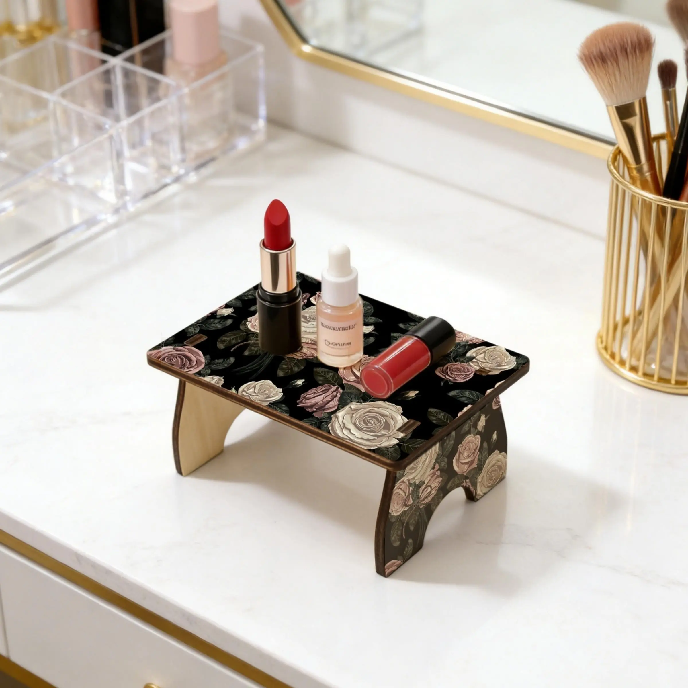 1PC Vintage Black Rose Pattern Wooden Makeup Riser Stool Shape Cosmetic Display Tray Retro Floral Desktop Jewelry Storage Organizer for Bathroom Vanity Dresser Table Decor