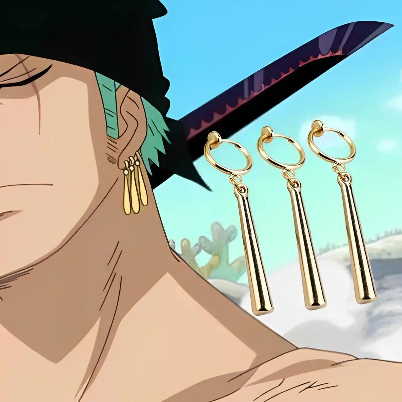 Anime Roronoa Zoro Cosplay Earrings Sauron Ear Clips Golden Pendant Hook Earrings For Women Men Jewelry