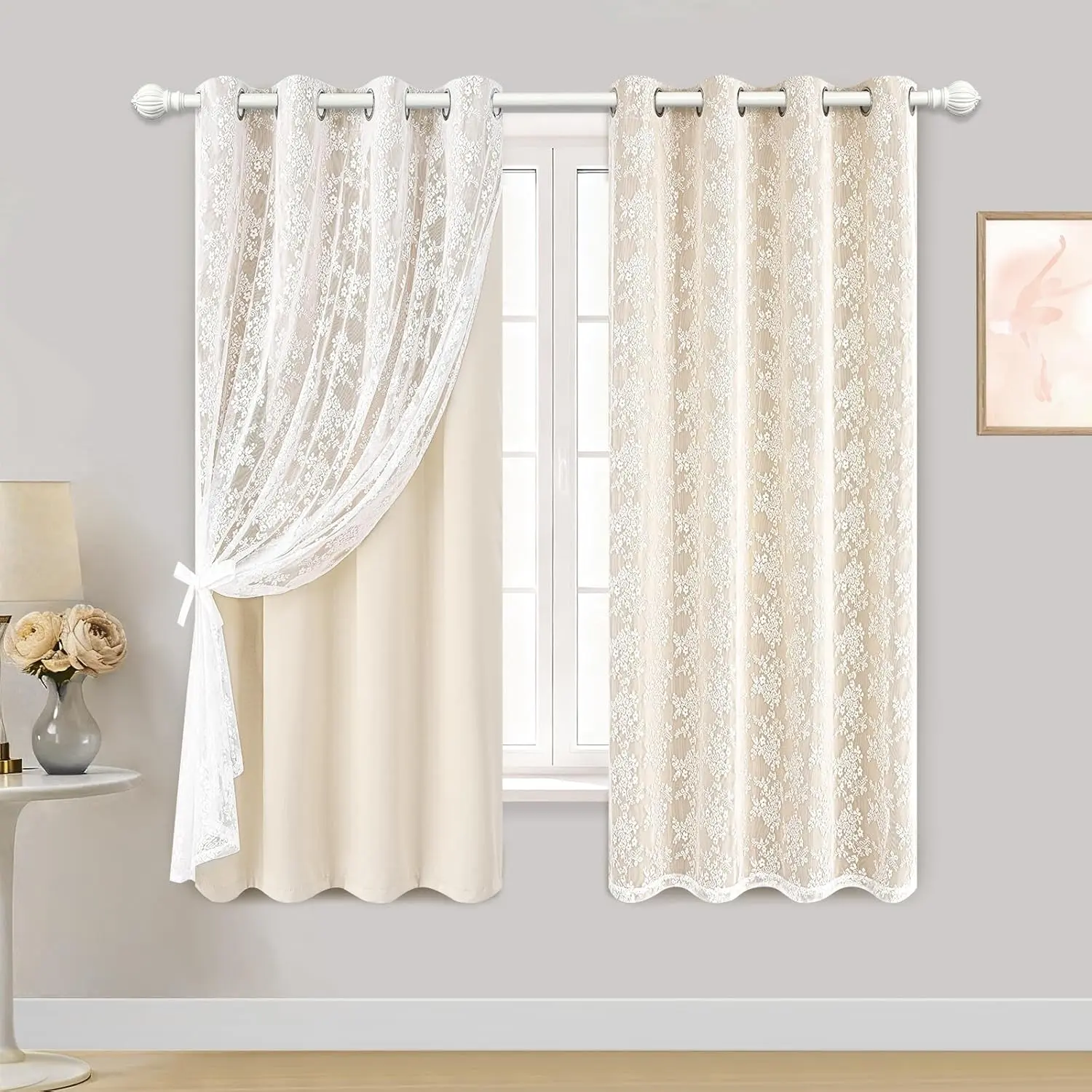 Blackout Curtains for Bedroom Double Layer Beige Curtains for Living Room 63 Inch Length 2 Panels Set  Curtain with Floral Sheer Overlay, Grommet Drapes with Tiebacks, 52" W x 63" L
