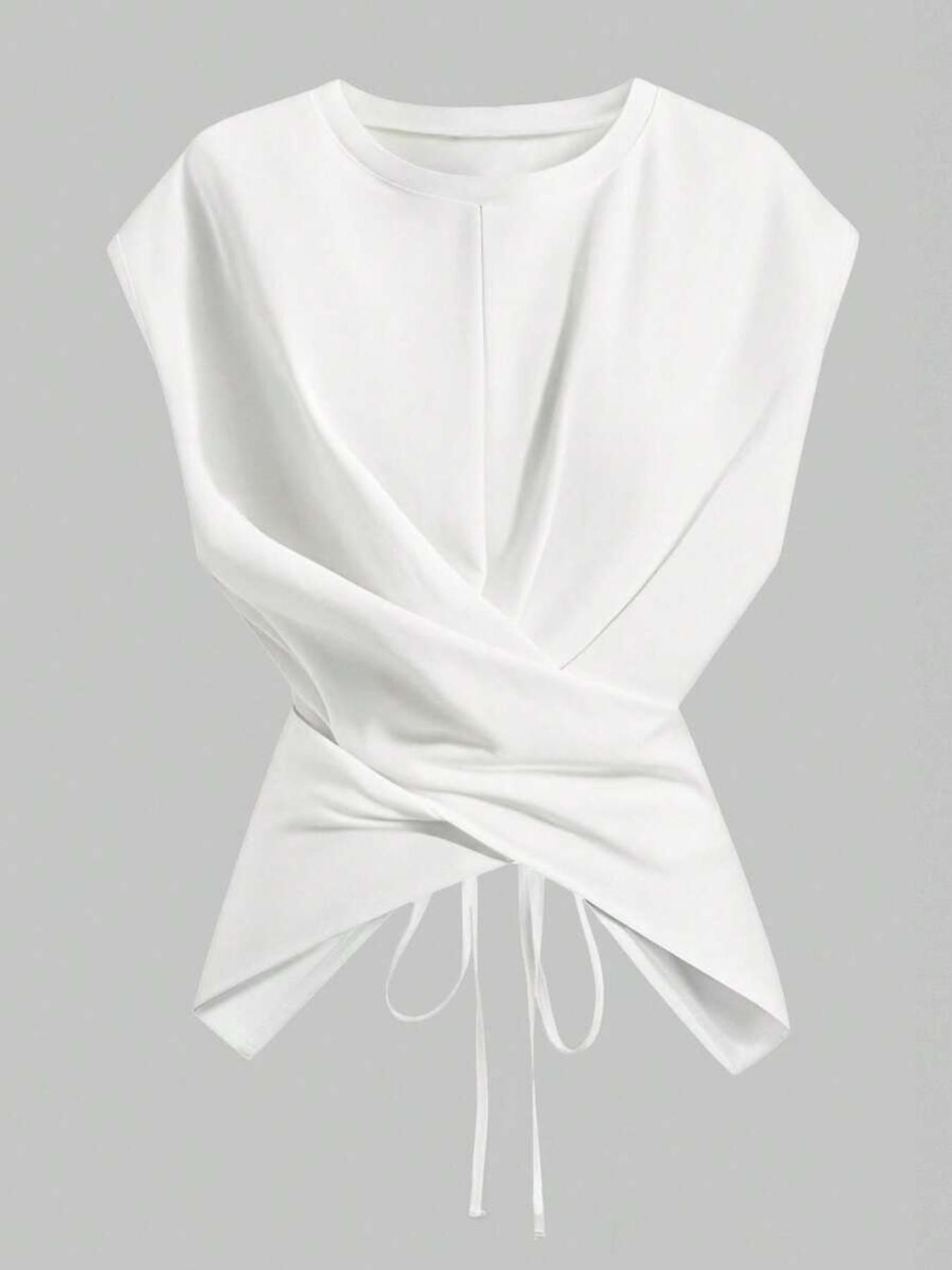 Women's Knitted Round Neck Drop Shoulder Sleeve T-Shirt, Fashion Casual Asymmetrical Criss Cross Back Tie Top, Spring & Fall Wear