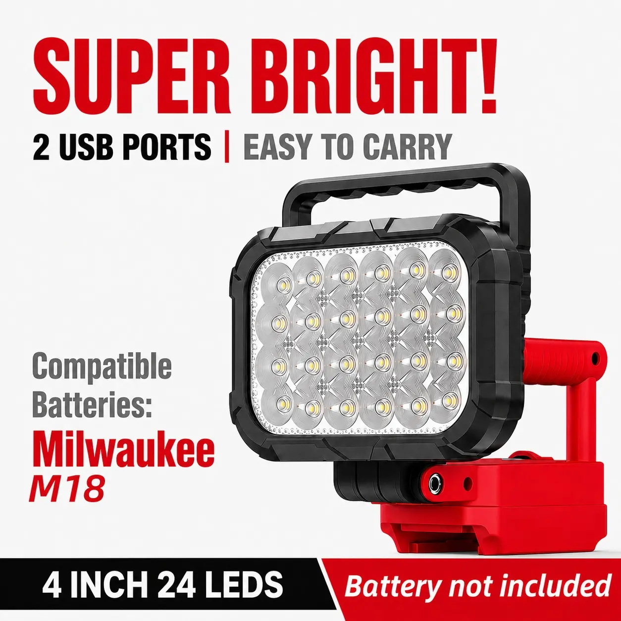 Wireless LED Work Light, Portable Light for Milwaukee 18v Battery, 14w Wide Beam, Dual USB Ports, Ideal for Emergency Lighting, Workshop, Garage, No Battery Included