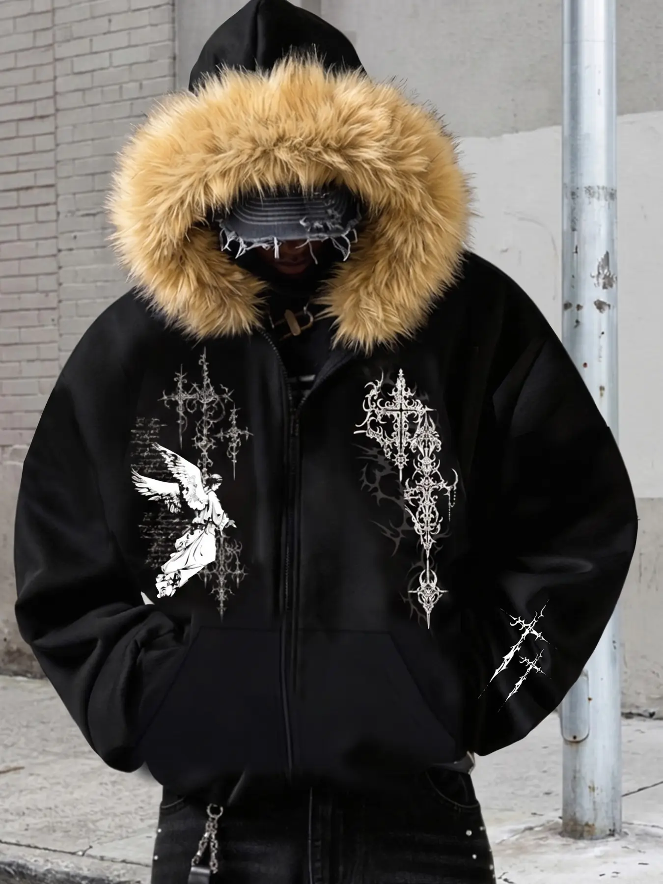 Soft Polyester Men Zip Up Faux Fur Hooded Jacket, Gothic Cross Angel Graphic Print Oversized Hoodie, Menswear Clothing, Ropa De Hombre, Uomo Mens Clothing, Dark Punk Y2K Streetwear Outerwear For Daily Casual Wear