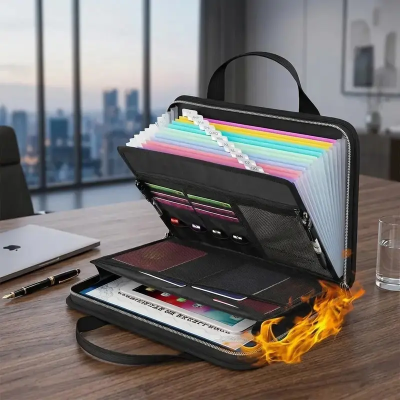 File Folder, Large-Capacity A4 Fireproof File Folder with Handle, Foldable Expandable File Organizer, Portable Removable Folder, Accordion Folders, Waterproof & Fireproof Foldable Accordion File Bag, Office Filing Supplies