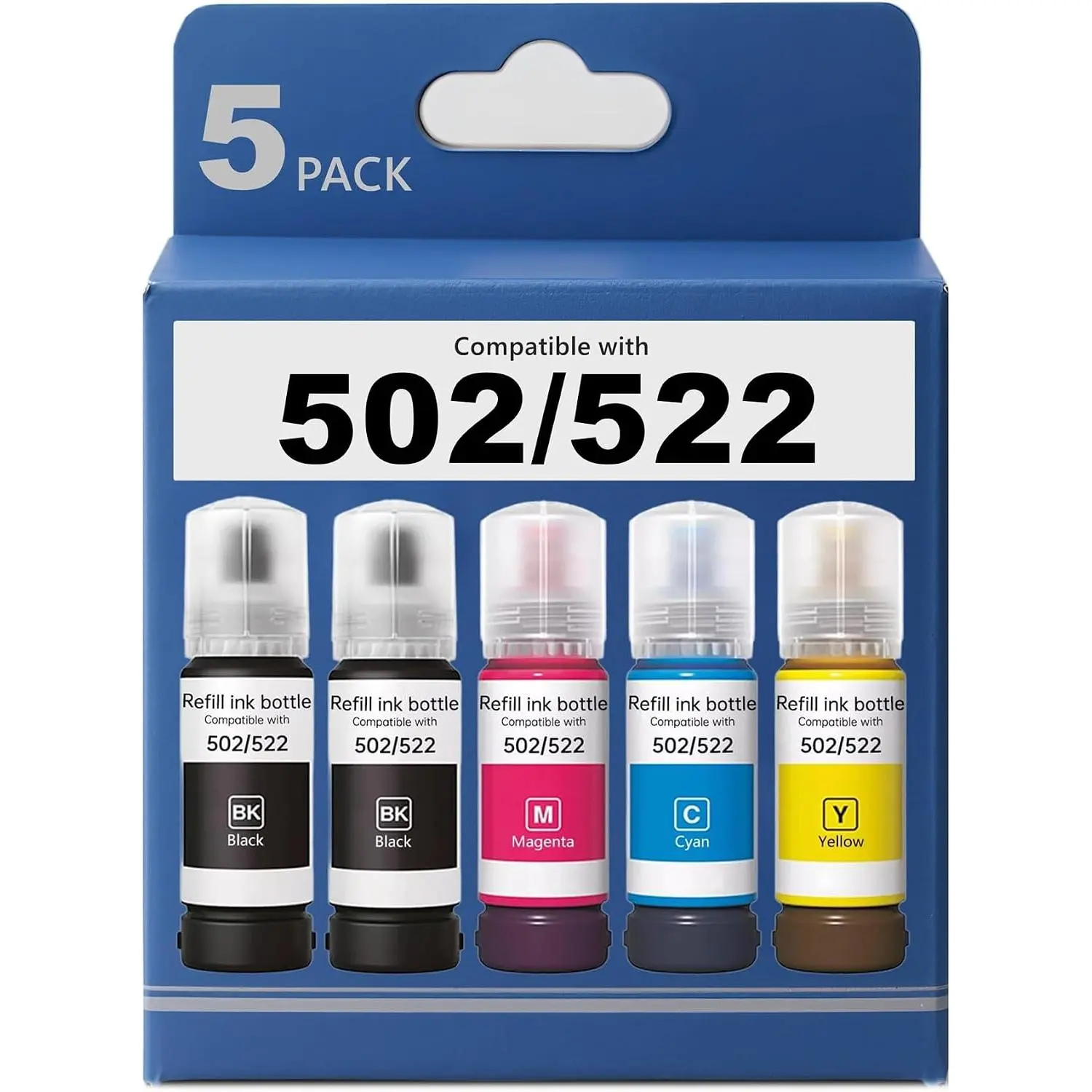 Refill ink compatible with Epson Ink Refill Bottles 502 522 ET2760 ET4760 ET2750 ET3760 ET2850 ET15000 ST4000 ST2000 ET3710 ET3850 ET3750 ET4850 ET830 ET4750 ET2700 ST3000 2 Black C M Y (5 pack)