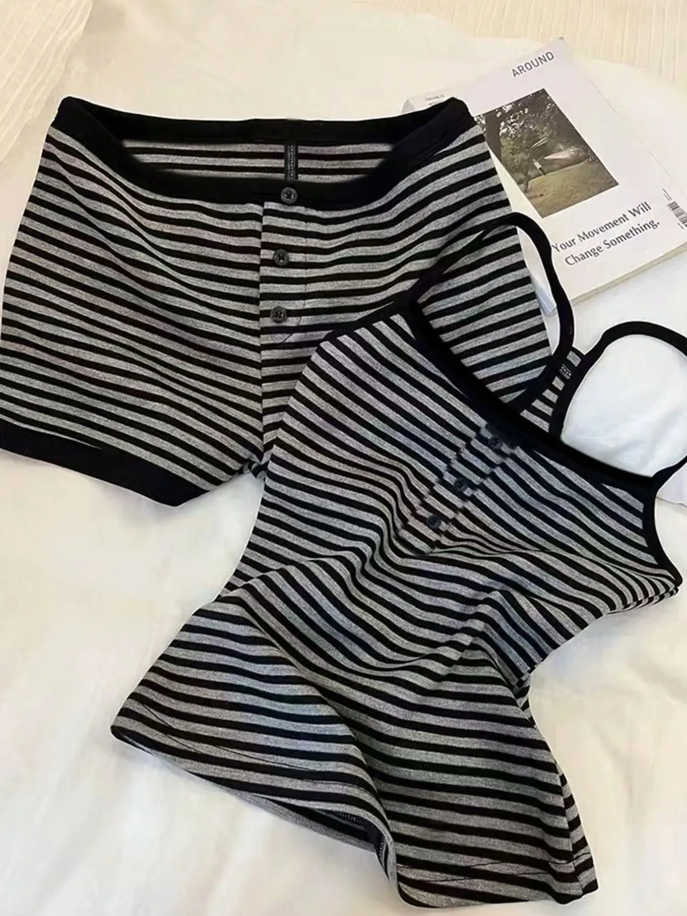 Women's Striped 2 Piece Lounge Set, Striped Print Set, Knit Loungewear Pajamas, Button Front Sleeveless Tank Top and Matching Boxer Shorts for Y2K Streetwear, Sleepwear, Nightwear Pjs, Coffee Run and Casual Daily Outfits Loungewear