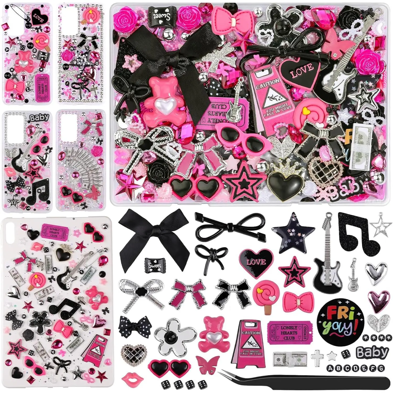 1740 Pcs Junk Case Charms Kit, Junk Phone Case for Customizing DIY, Letter Beads, Kawaii Nail Accessories Flatback Beads, Star, Love, Rhinestones, Candy Bow Charms, Cute Decors for DIY Crafts