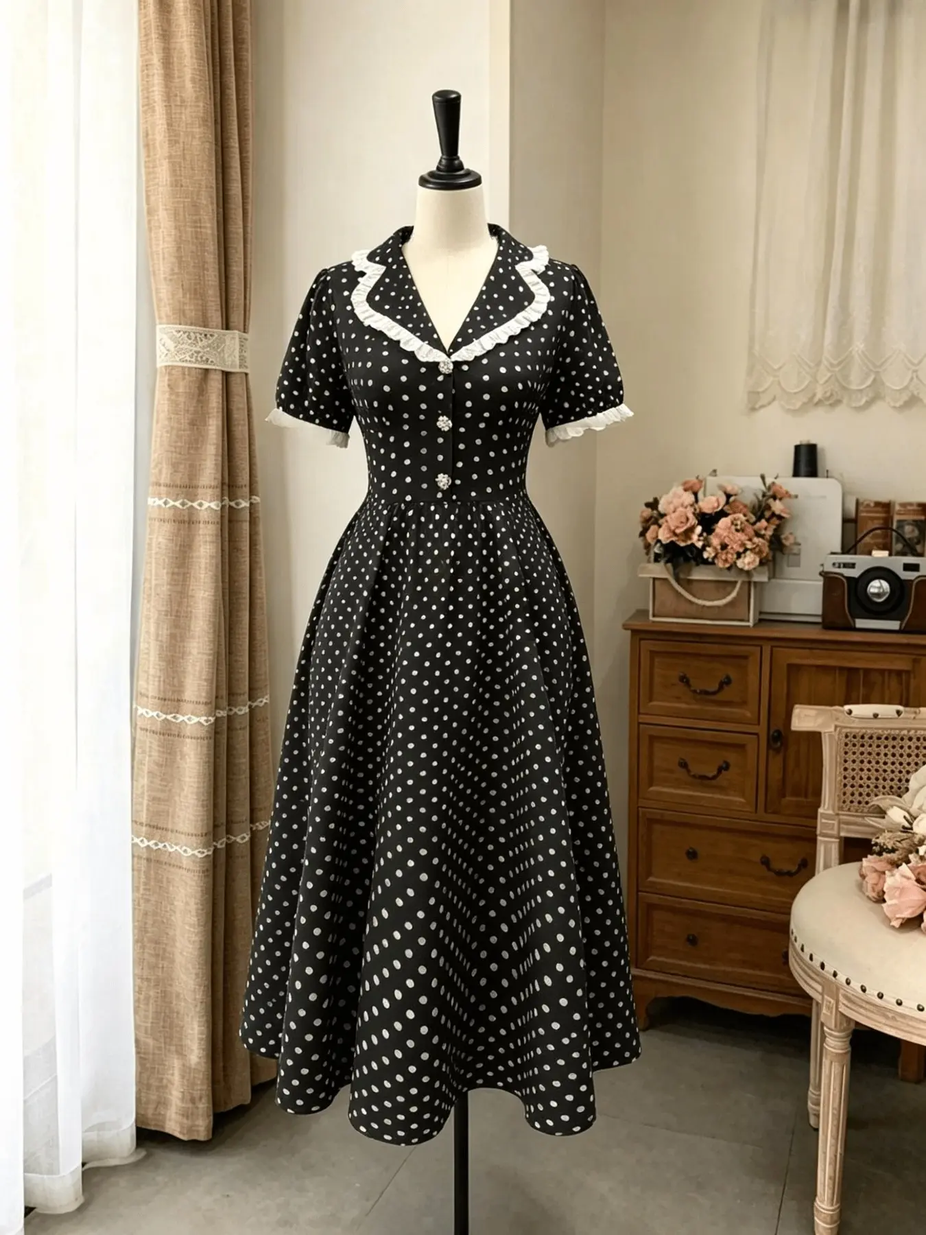 Elegant Chic French Polka Dot V-Neck Dress, Short Sleeve Waist-Cropped A-Line Skirt, Vintage Tea Party Style, Perfect for Summer Outings