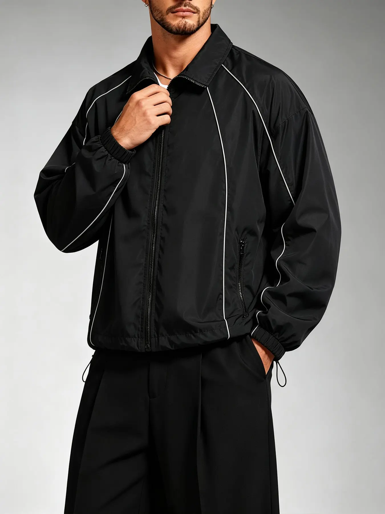 Men's Zip-Up Windbreaker Jacket, Reflective Piping, Stand Collar, Elastic Cuffs, Drawstring Hem, Loose Fit, Casual Street Outerwear