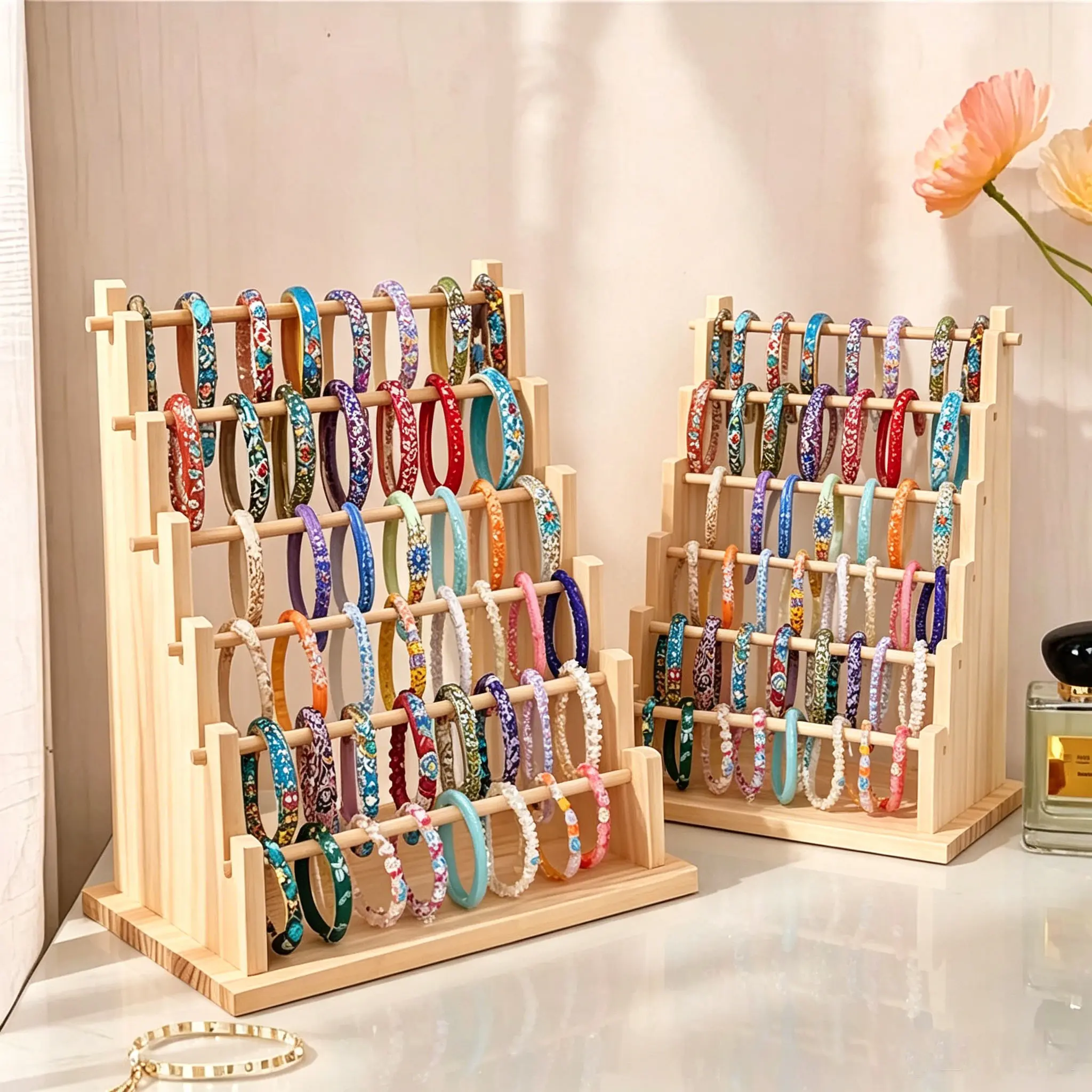 Natural Wood Rectangular Multi-Layer Jewelry Display Rack - Large Cap. Desk/Window Organizer - Easy-to-Assemble Holder for Bracelets - Home Storage Rack for Displaying