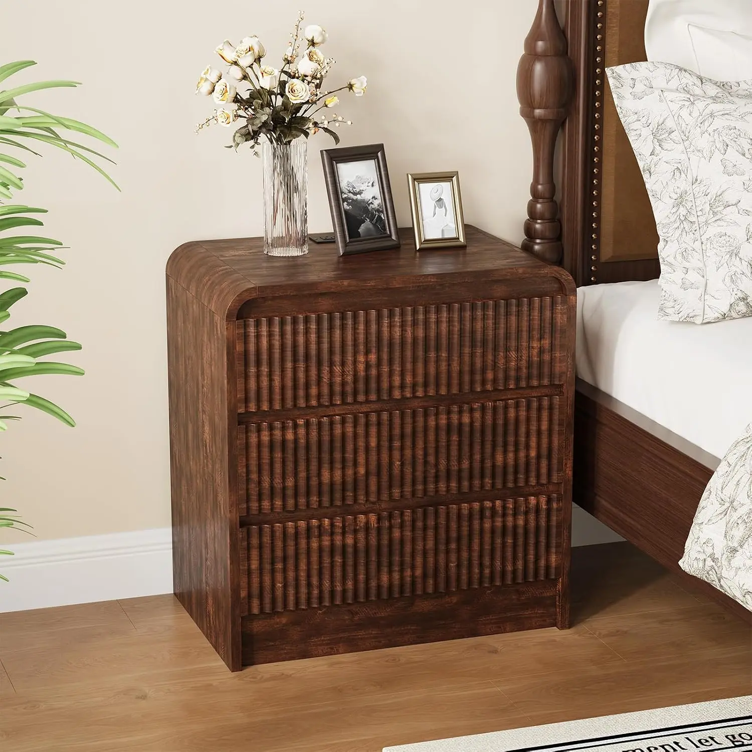 Fluted Nightstand with Charging Station, Large Fluted Bedside Table with 3 Drawers, Raised Legs and Multiple Colors for Stylish Bedroom Storage,Walnut/Natural/White/Grey