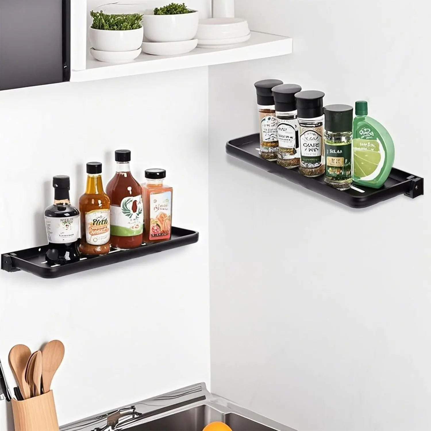 2 Pack Folding Wall Shelf for Bathroom, 90° Fold Up Floating Shelf, Wall Mounted Drop Down Metal Shelves for RV, Campers, Laundry Room, Toilet Room, Kitchen, Waterproof, Space Saving, 15.7"